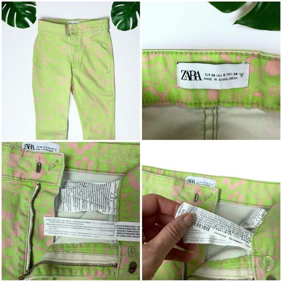 Zara 70's Retro Lime Green Mod Floral Print Flare Jeans - Picture 9 of 10